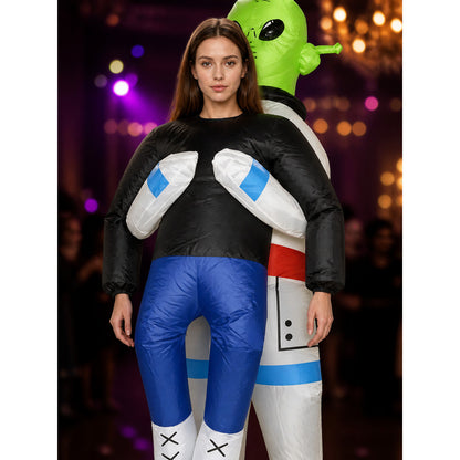 Adult Alien Bodysuit Costume, Black Blue White with Green Head and Black Eyes on-model view