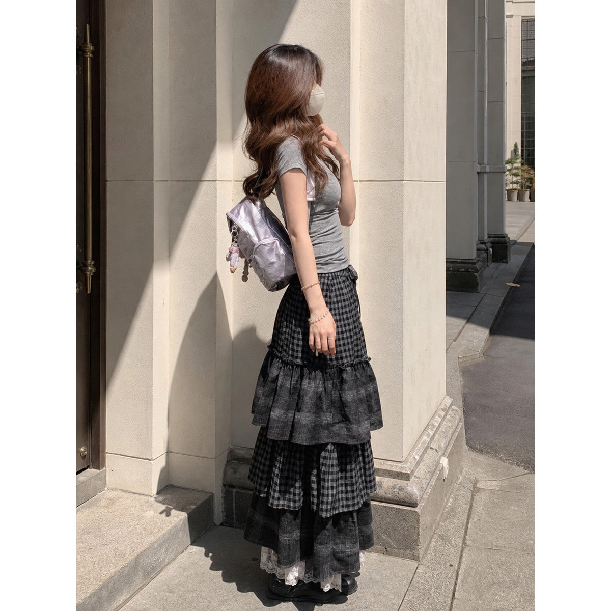 Women's Long Gray-and-Black Plaid Skirt with Ruffles