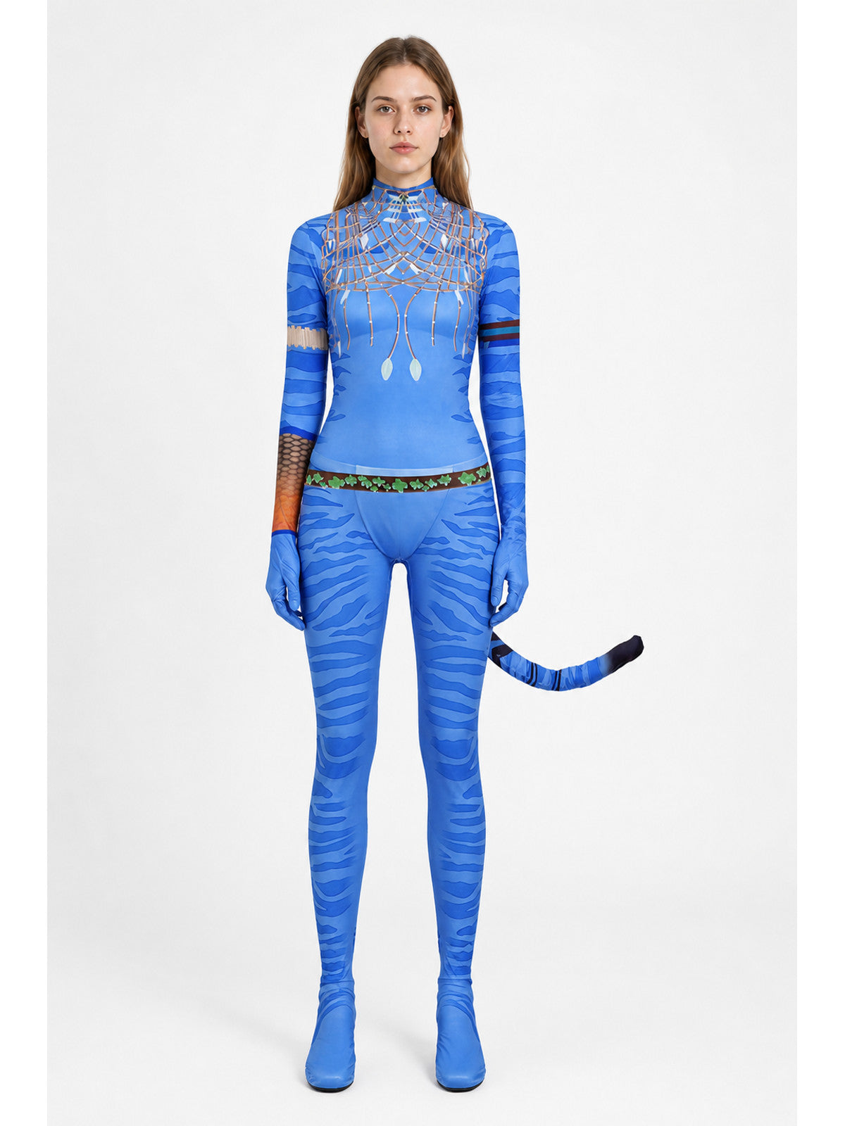 Cosplay jumpsuit with tail and high collar