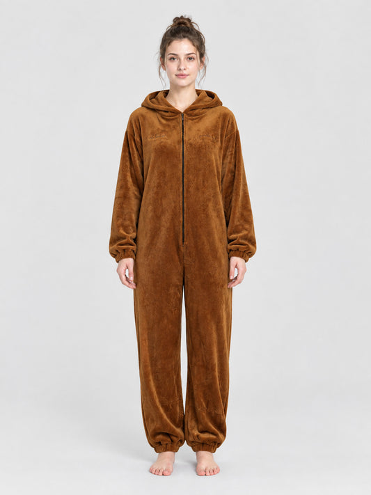Brown Plush Kigurumi Pajama with Hood and Zipper