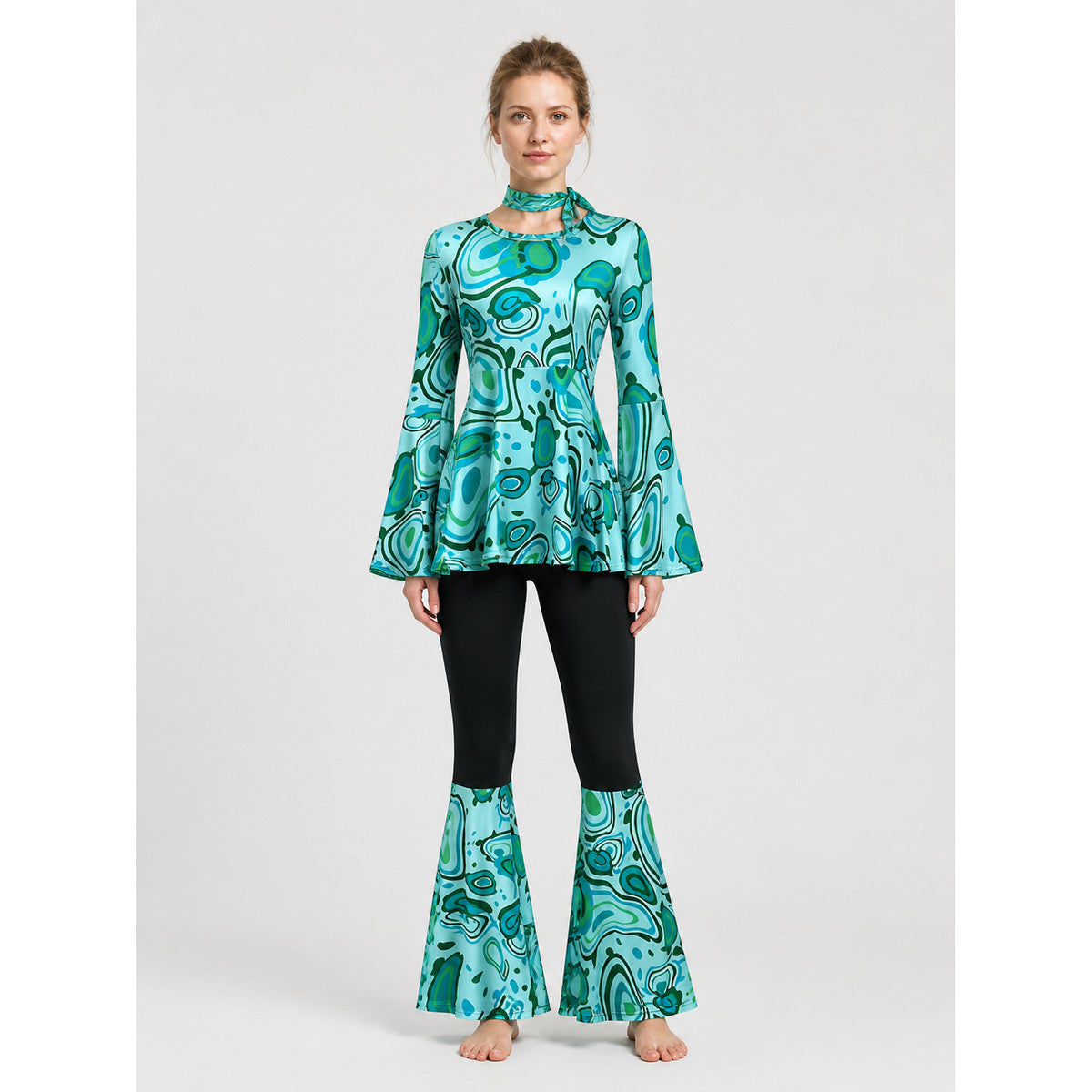 70s Stage Costume with Print: Long-Sleeve Top and Flared Pants on-model view