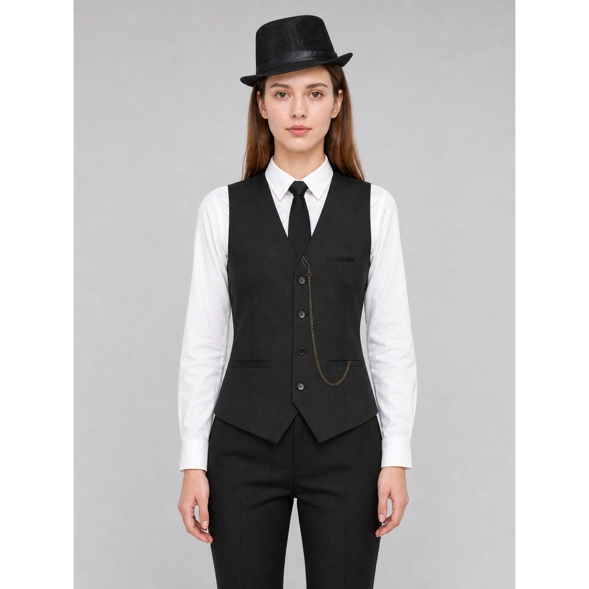 Vintage costume designed in a formal style with retro and gangster-inspired elements. The set includes a white long-sleeve shirt with a collar, a black button-front vest with lapels, a breast pocket, and lower pockets, as well as a black ne