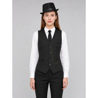 Vintage costume designed in a formal style with retro and gangster-inspired elements. The set includes a white long-sleeve shirt with a collar, a black button-front vest with lapels, a breast pocket, and lower pockets, as well as a black ne