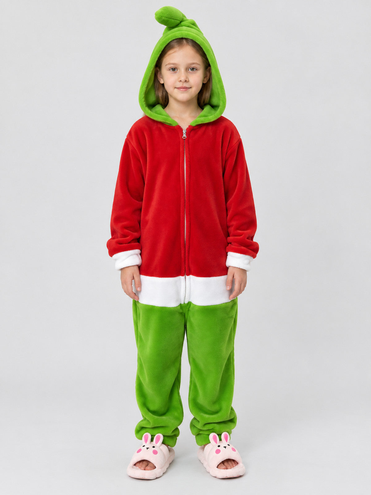 Red and green hooded zip-up pajama jumpsuit