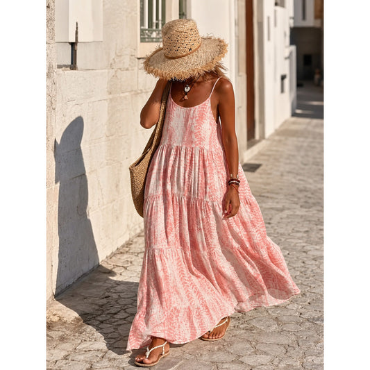 Women's Long Dress with Thin Straps and a Tiered Skirt