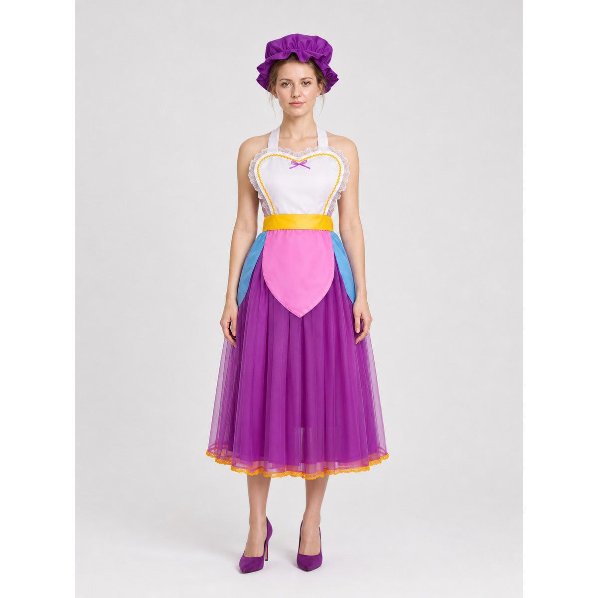 Cosplay Costume Dress with Apron and Hat on-model view