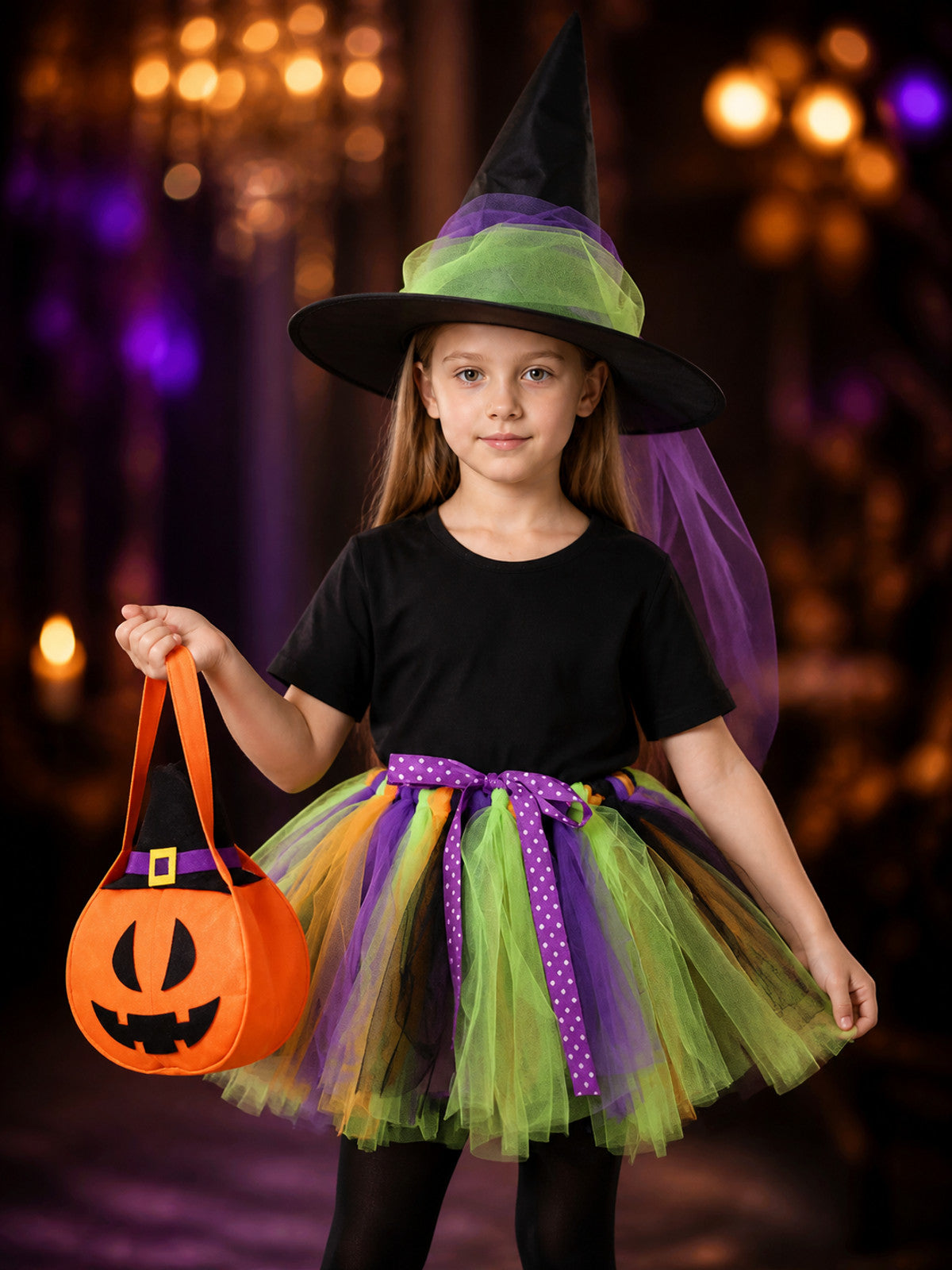 Girls' Witch Costume Set with Pointed Hat, Tutu Skirt, Pumpkin Bag and Tights on-model view