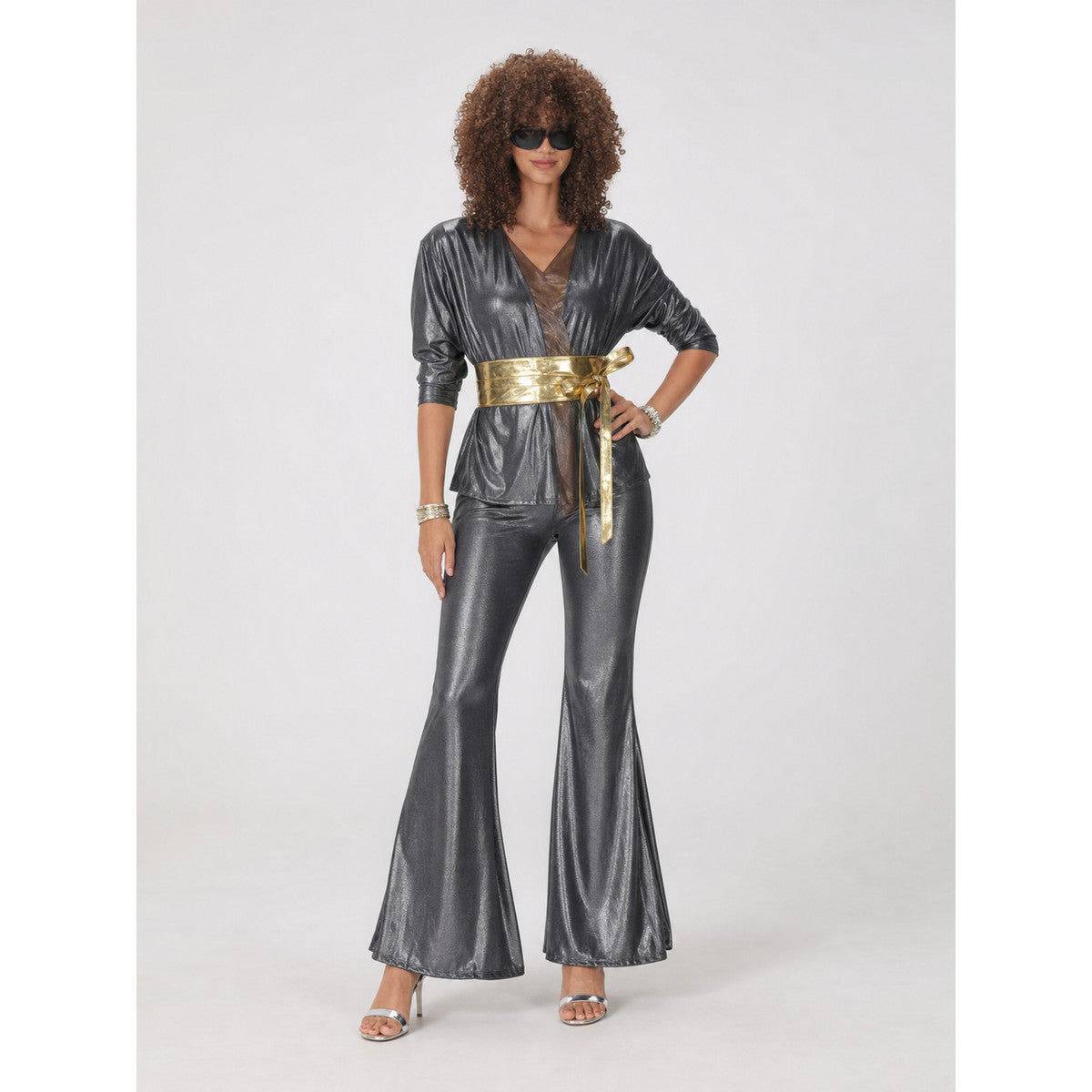 Retro disco costume: top, pants, and wide belt on-model view