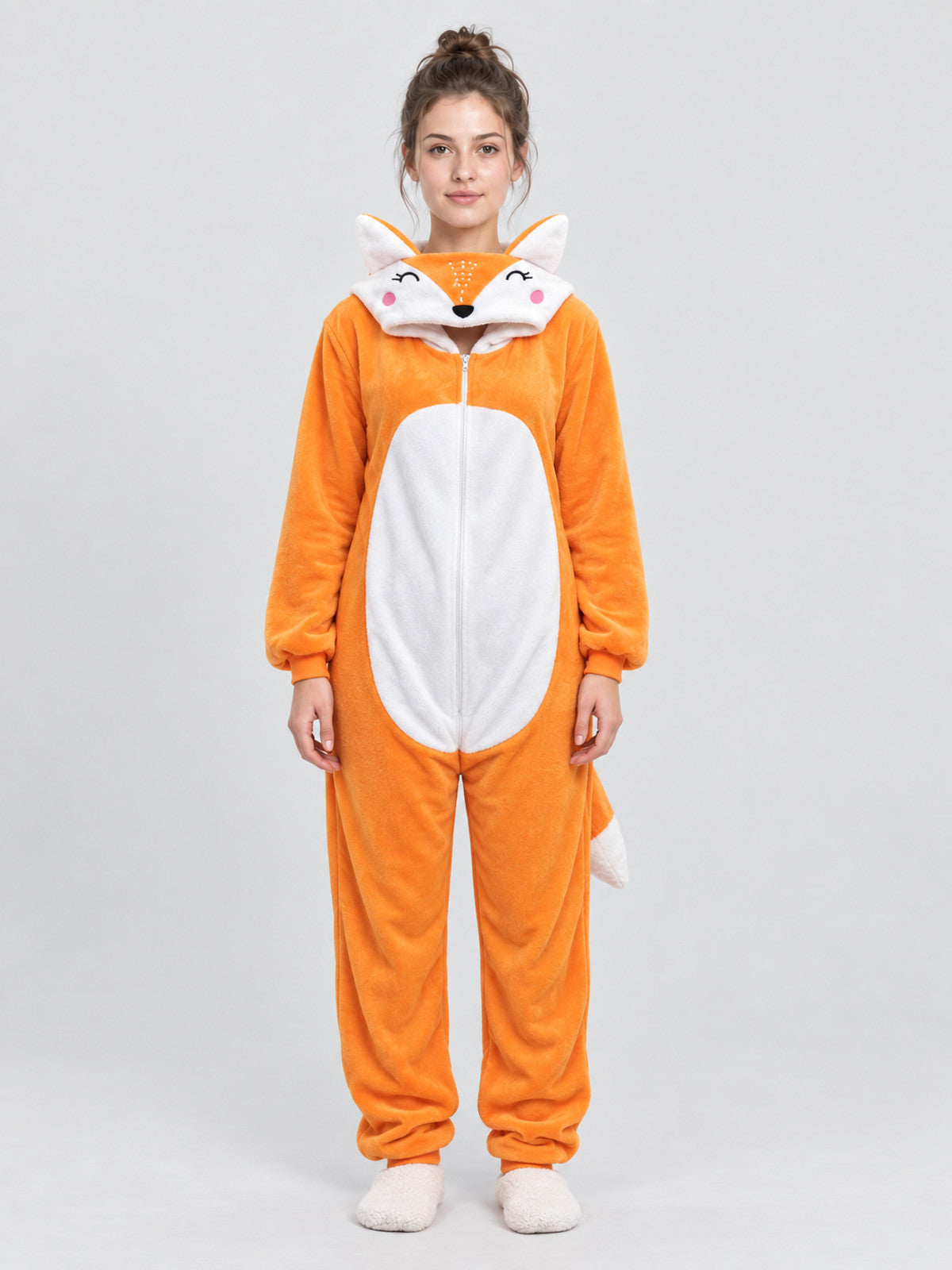 Orange Hooded Fox Design Pajama Jumpsuit