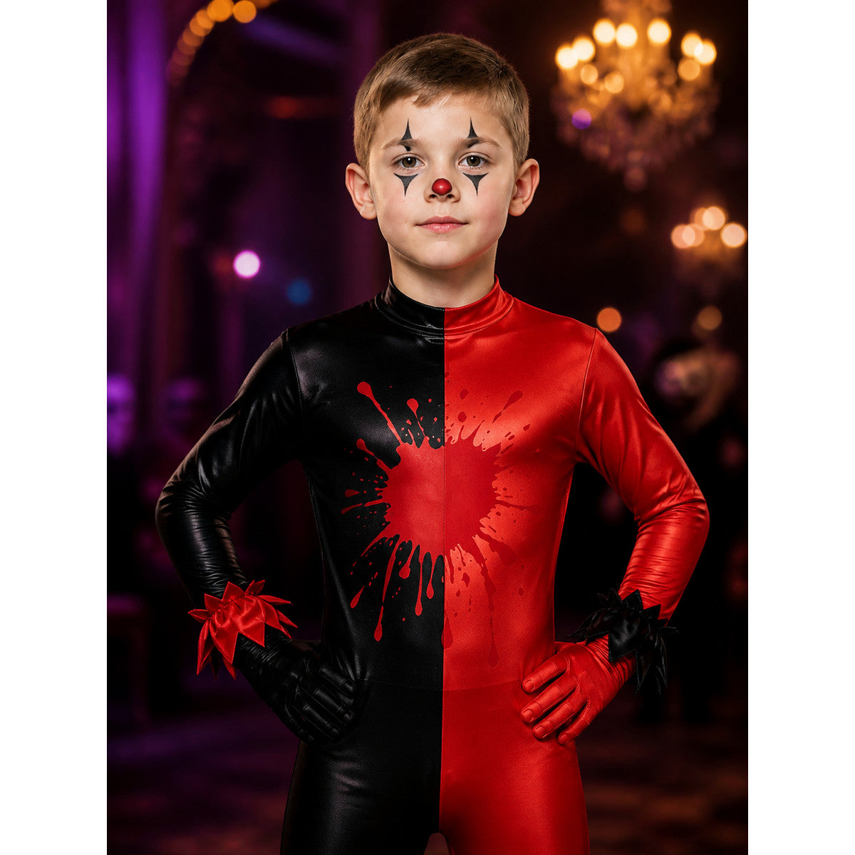 Unisex Halloween Clown Bodysuit Costume, Black Red Blood Splatter Stretch on-model view