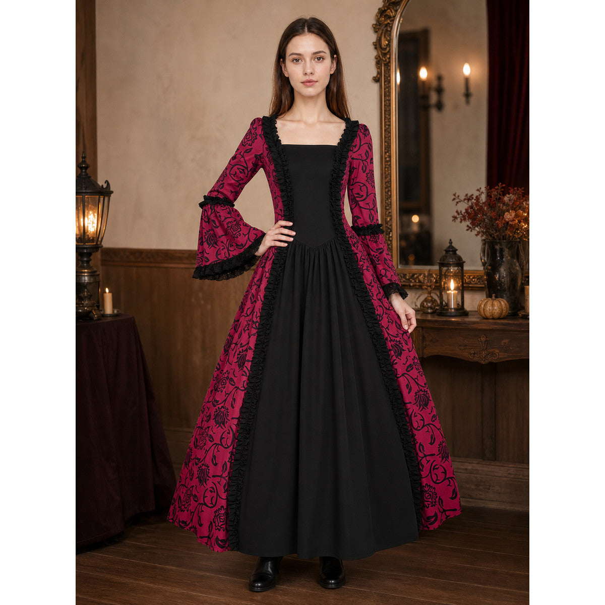 Gothic Dress with a Square Neckline and Ruffles on-model view