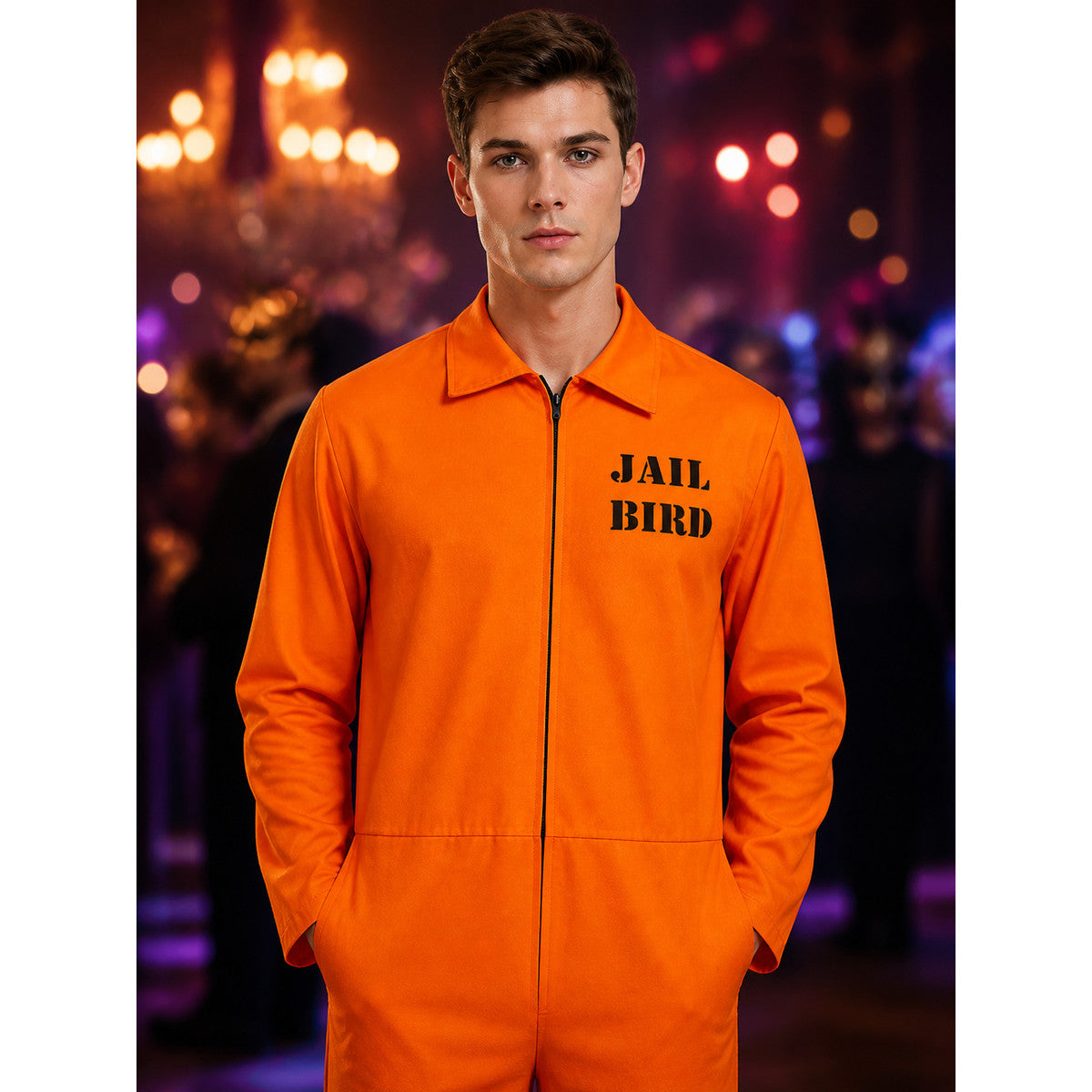 Orange Prisoner Jumpsuit Costume, Zip-Front Long-Sleeve Jailbird Cosplay Outfit