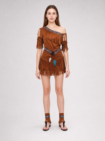 Historical Costume with Fringe and Feathers for Cosplay on-model view
