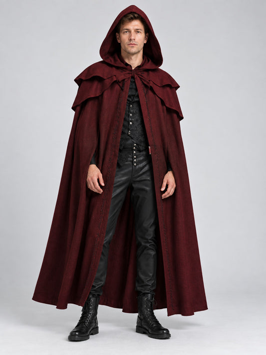 Long Burgundy Hooded Cloak-Cape with Capelet