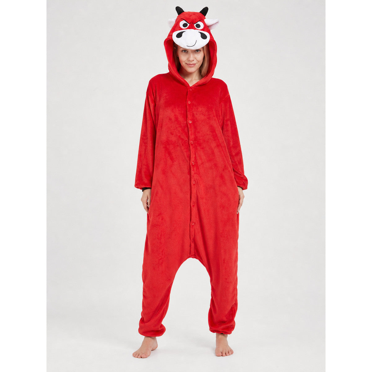 Red Plush Bull Kigurumi with Hood and Button Closure