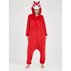 Red Plush Bull Kigurumi with Hood and Button Closure