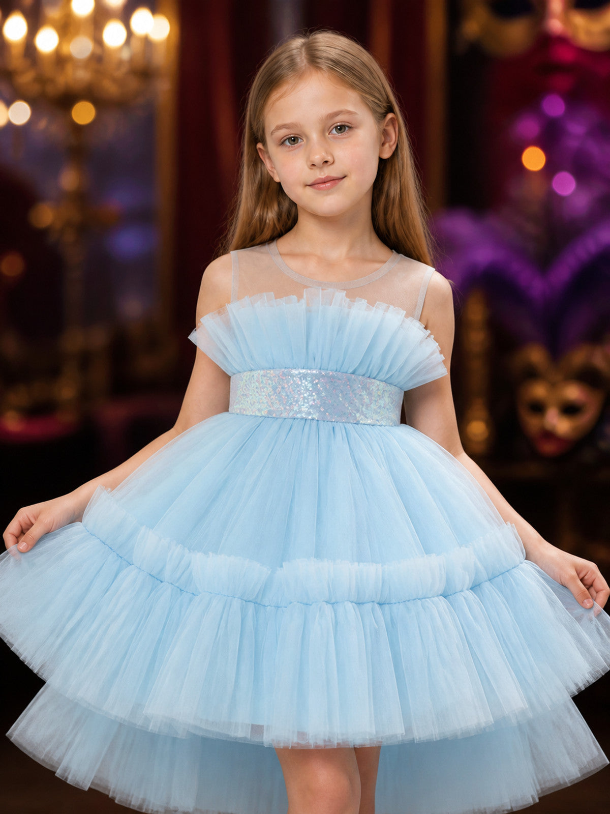 Girls' Light Blue Princess Dress, Layered Tulle Train Skirt With Sequined on-model view