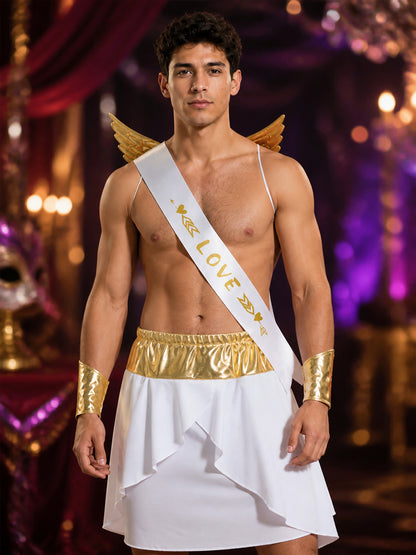 Men's Cupid Costume Dress, White and Gold Winged Asymmetrical Halloween Outfit on-model view