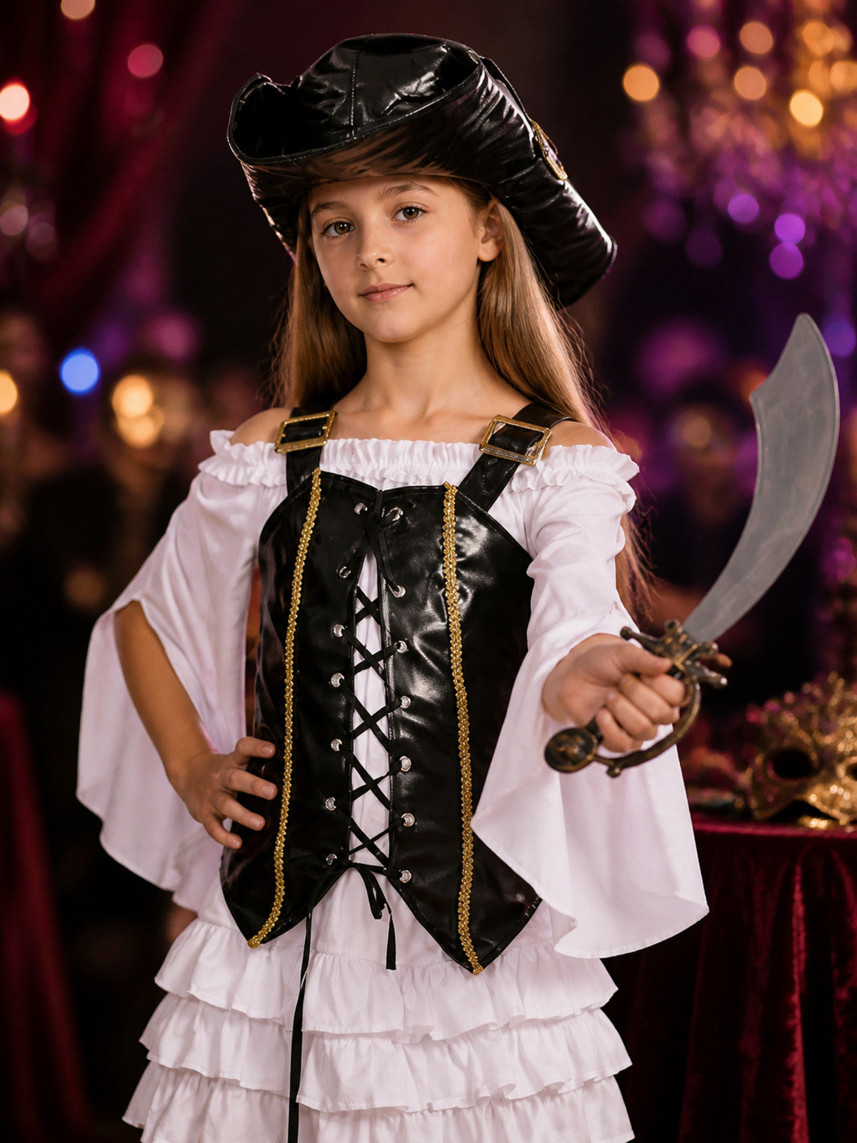 Girl's Pirate Costume Set with Corset Top, Ruffle Skirt & Hat, Black & White on-model view