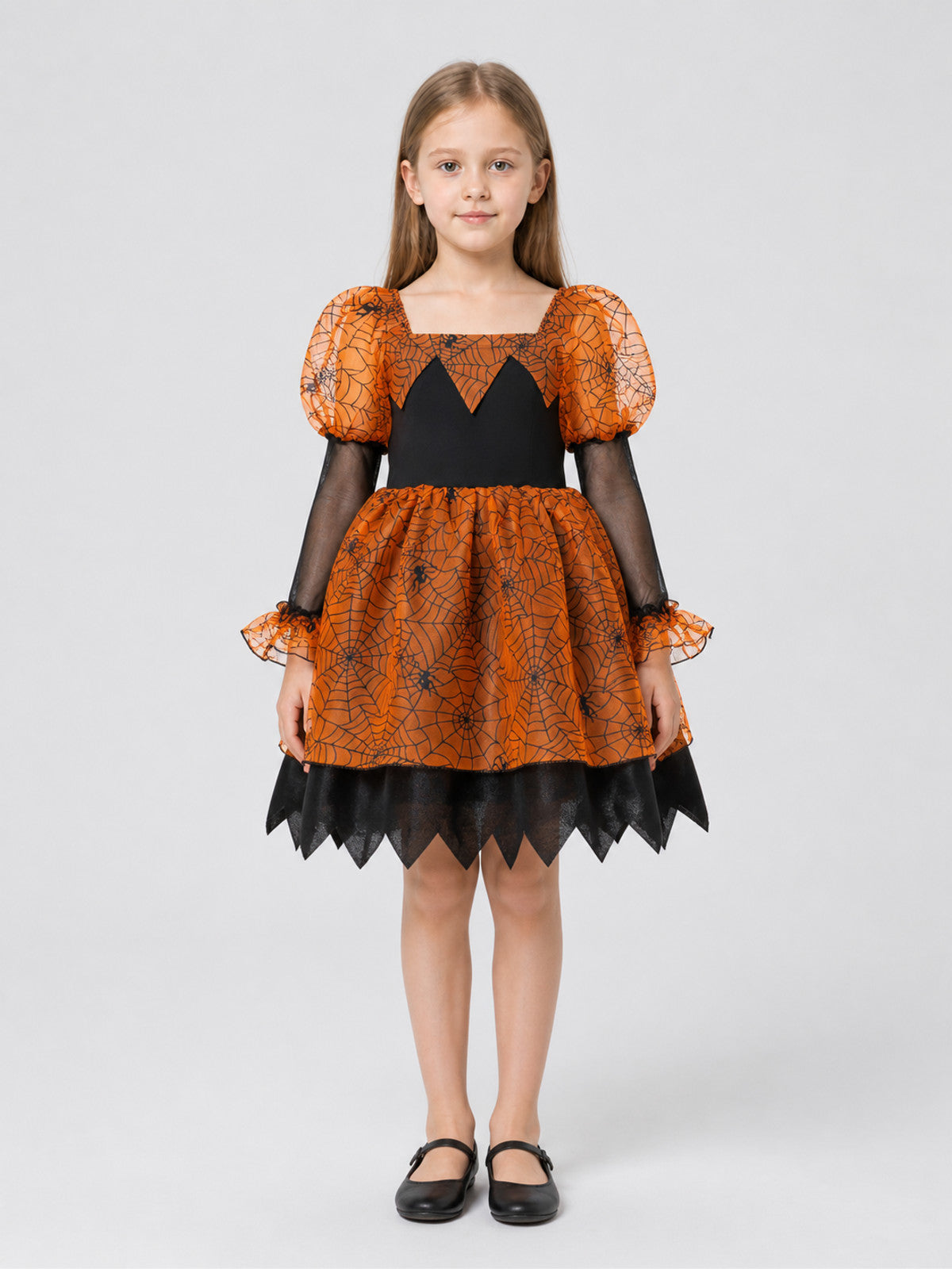Orange and Black Princess Dress with Spiderweb Pattern