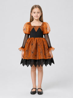 Orange and Black Princess Dress with Spiderweb Pattern