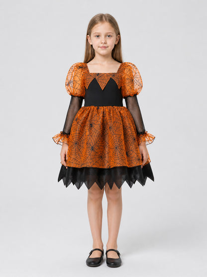 Orange and Black Princess Dress with Spiderweb Pattern