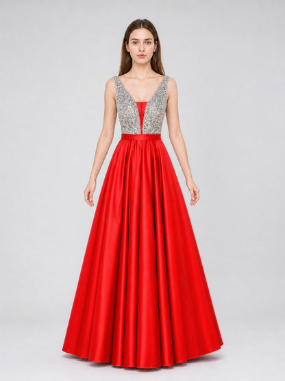 Floor-Length Evening Dress with a Deep V-Neckline front view