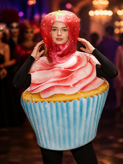 Adult Strawberry Cake Costume Bodysuit, Cupcake Design Halloween Cosplay Outfit on-model view