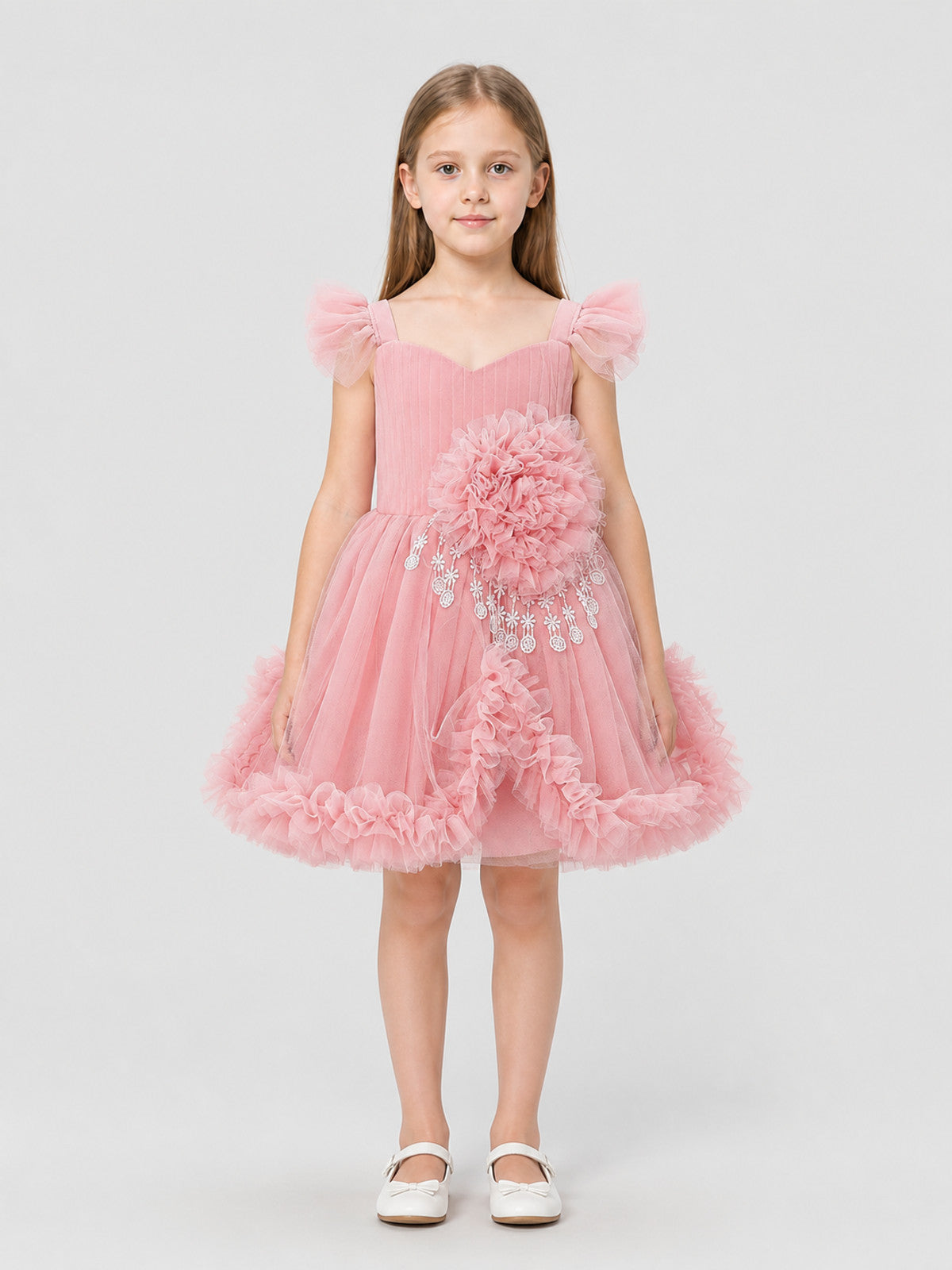Girls' Dressy Dress with Flower and Full Skirt on-model view