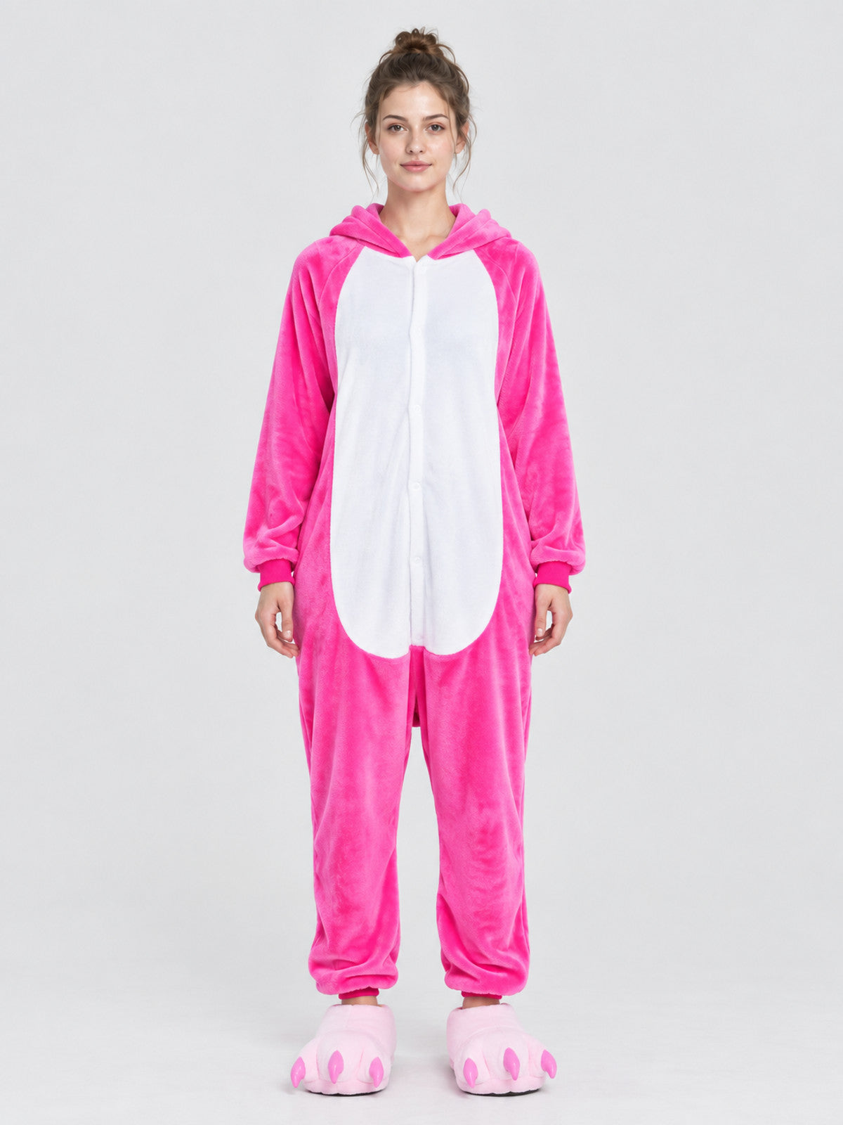 Bright pink plush hooded pajama jumpsuit