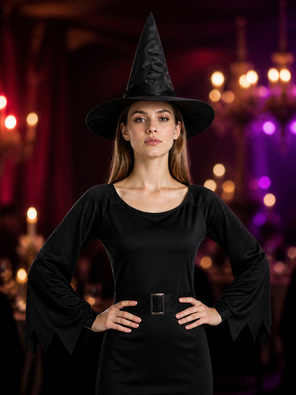 Black Witch Costume with Hat for Halloween on-model view