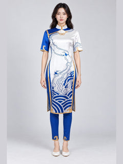 Women's Chun-Li Cosplay Qipao Costume – White & Blue Wave Print Cheongsam Dress with Pants