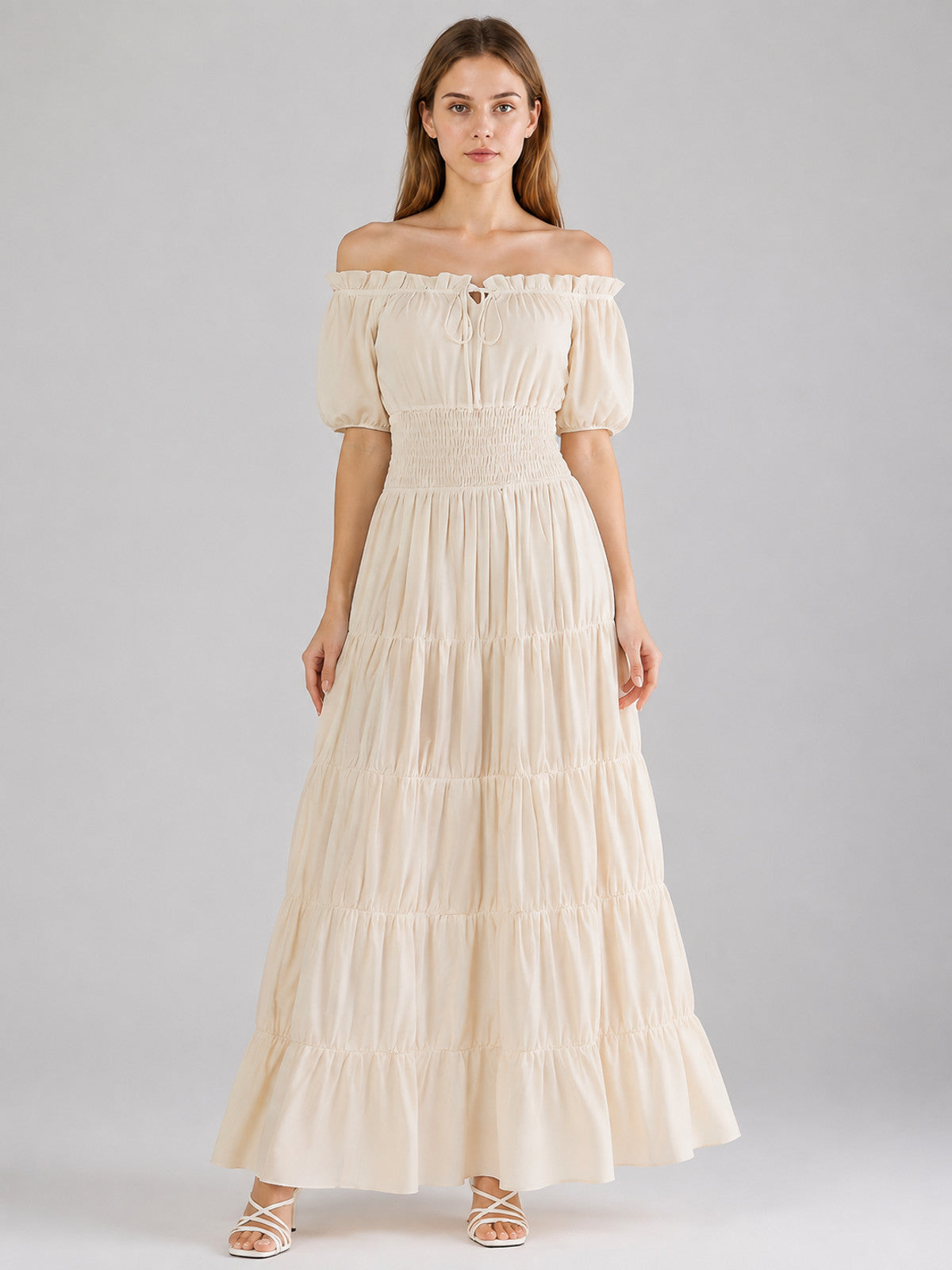 Beige Off-the-Shoulder Floor-Length Dress on-model view