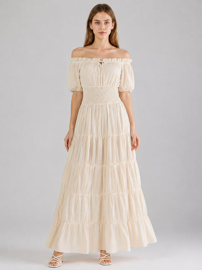 Beige Off-the-Shoulder Floor-Length Dress on-model view
