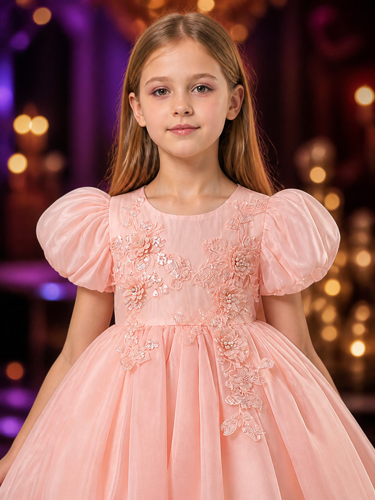 Girls' Pink Princess Dress With Puff Sleeves, Floral Sequin Embroidery and Tulle on-model view