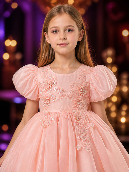 Girls' Pink Princess Dress With Puff Sleeves, Floral Sequin Embroidery and Tulle on-model view