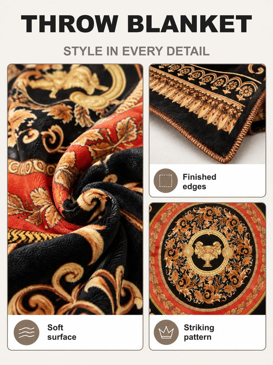 Close-up details of the black baroque throw blanket: soft polyester surface, finished edges and central urn medallion