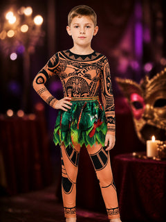 Boys Polynesian Tribal Print Bodysuit Costume with Green Leaf Skirt, Halloween