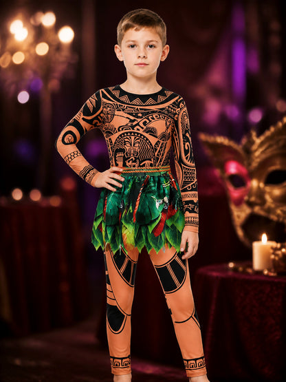 Boys Polynesian Tribal Print Bodysuit Costume with Green Leaf Skirt, Halloween on-model view