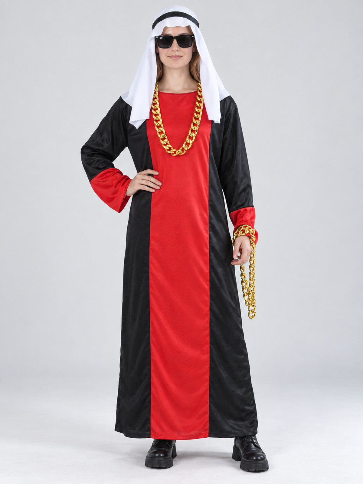 Red and black carnival costume with headpiece and chain