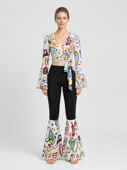 Retro Disco Costume: Wrap Long-Sleeve Top and Flared Pants on-model view