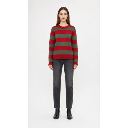 Striped Sweater with Raw Edges, Red and Green