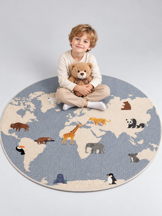 Round kids' play mat with a world map and animals