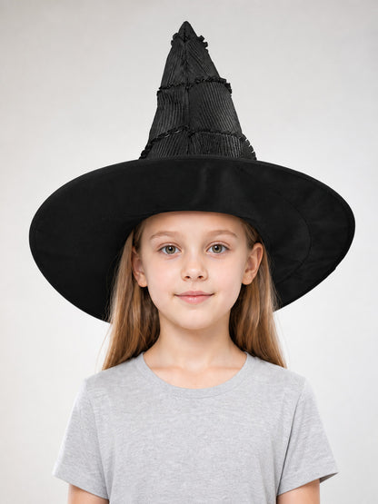 Black pointed witch hat with a wide brim and pleated cone, shown front-facing on a child model
