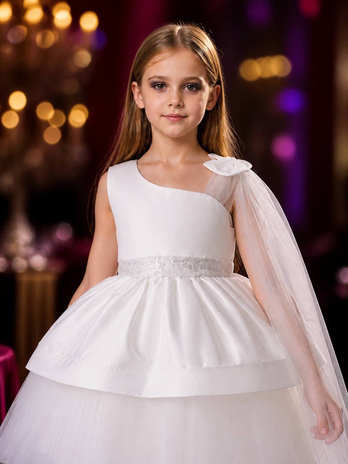 Toddler Girls' White Princess Party Dress, Sequined Bow One-Shoulder Layered on-model view
