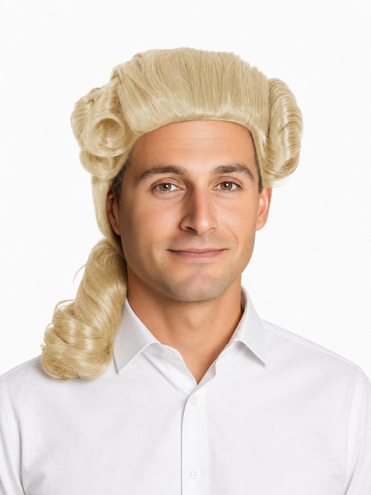 Blond curled costume wig with a swept-back front, side rolls, and long curled ponytail on a man in a white shirt