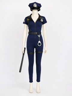 Women's Navy Blue Police Costume Bodysuit Set with Hat, Handcuffs, Belt, Baton