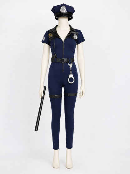 Women's Navy Blue Police Costume Bodysuit Set with Hat, Handcuffs, Belt, Baton on-model view