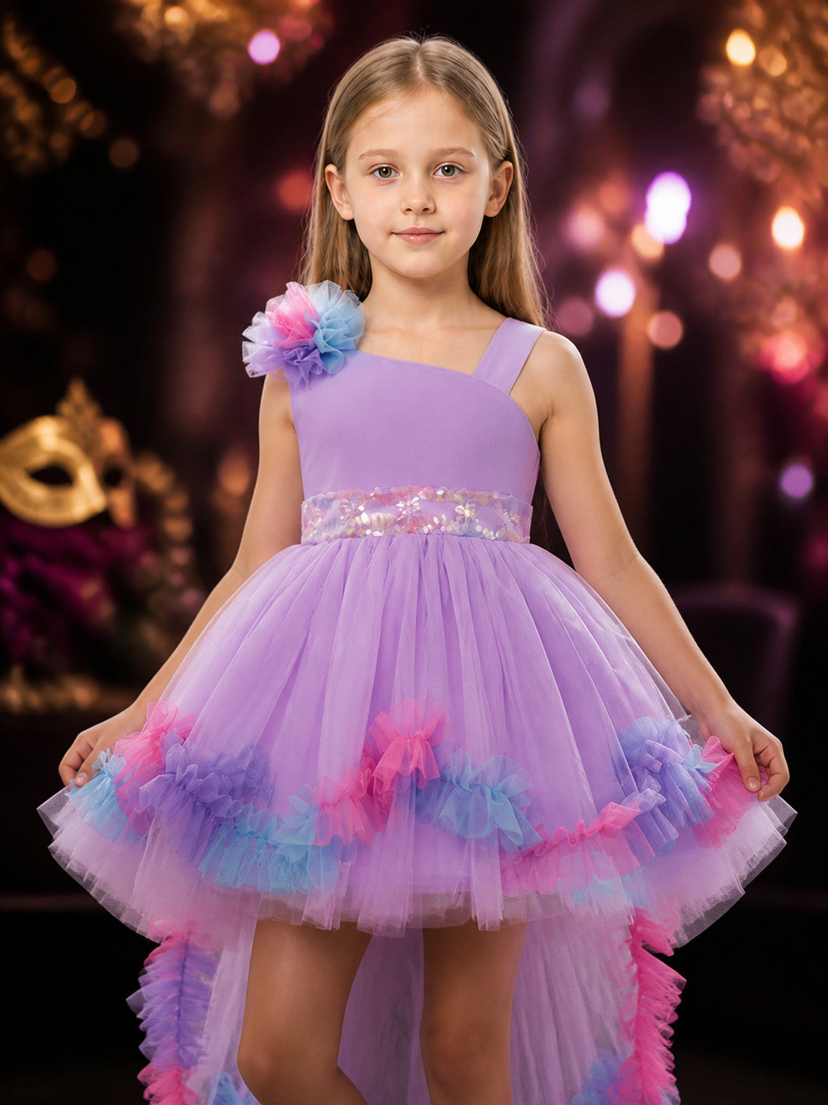 Girls' Princess Tulle Flower Girl Dress, One-Shoulder Long-Tail Party Gown on-model view