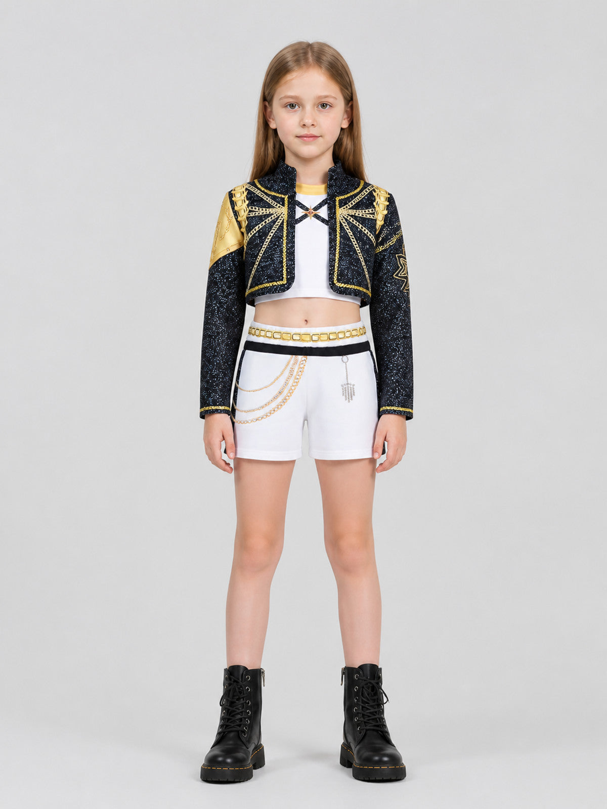 Children's set: jacket, top, shorts, black and gold on-model view